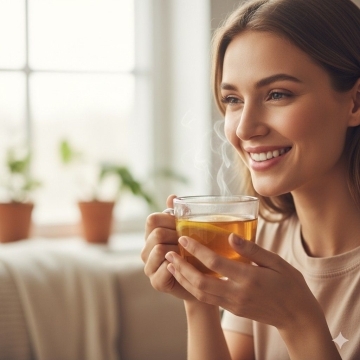 Smiling woman holding a warm cup of tea indoors, representing comfort and hydration to help prevent dry mouth.