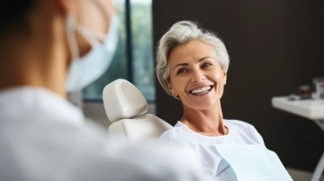 Smiling mature woman sitting in a dental chair during a routine dental checkup at a modern dental clinic.