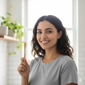 Woman holding a bamboo toothbrush